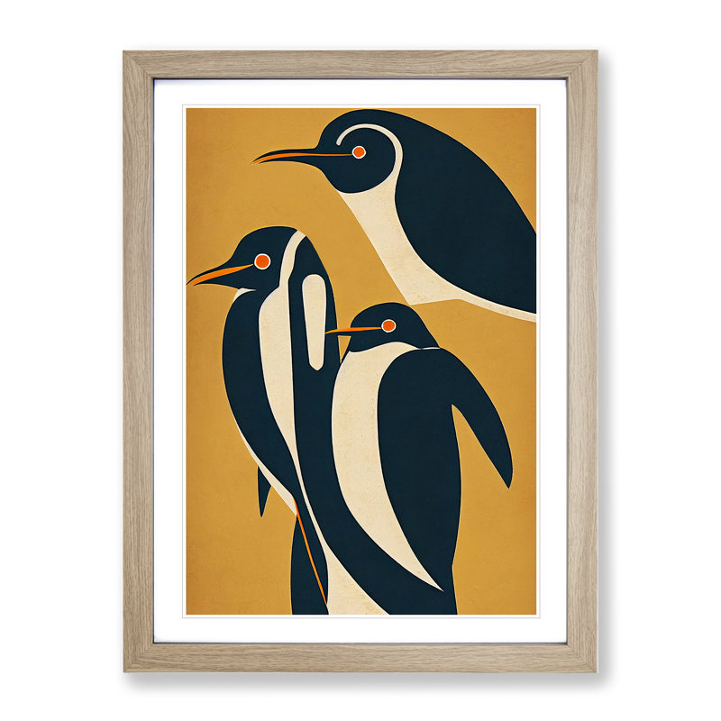 Abstract Penguins - Single Picture Frame Painting, 34cm H x 25cm W x 2cm D, Oak