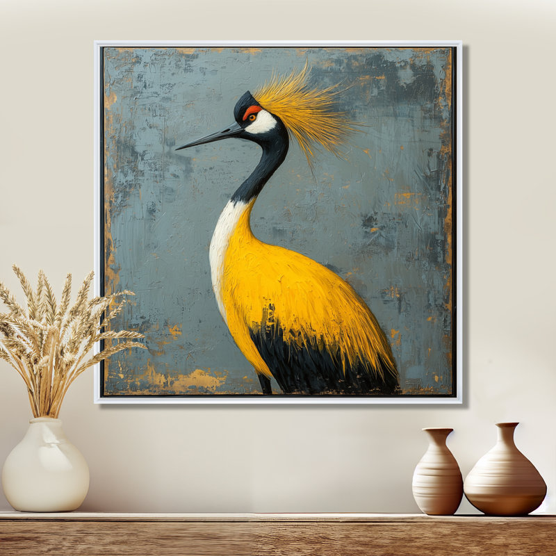 Grue grise et jaune, oiseau I - art mural oiseau pour le salon, H 16 po x l 16 po, Blanc