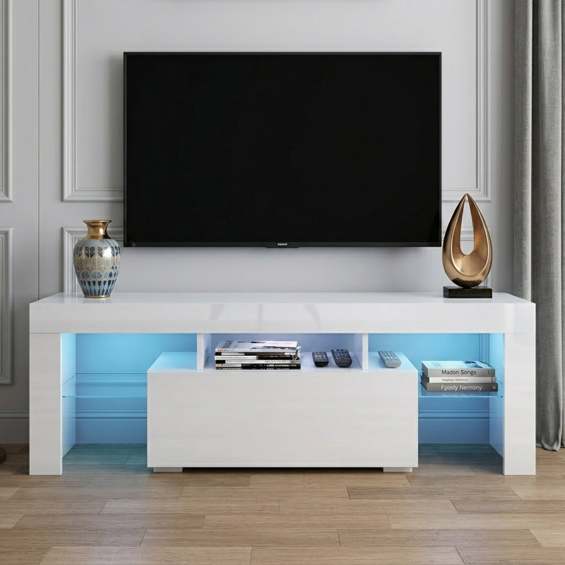 Brimlow Modern style TV stand with drawers and shelves, LED lights up to 58", White