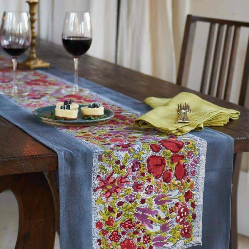 Handcrafted Water Resistant Floral Table Runner, 72" L x 16" W, Blue/Green