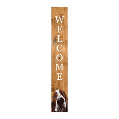 59" Natural And White Solid Wood Basset Hound Welcome Porch Sign