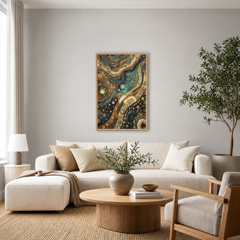 Tableau abstrait à motifs de cercles tourbillonnants turquoise et or sur toile, H 36 po x l 24 po