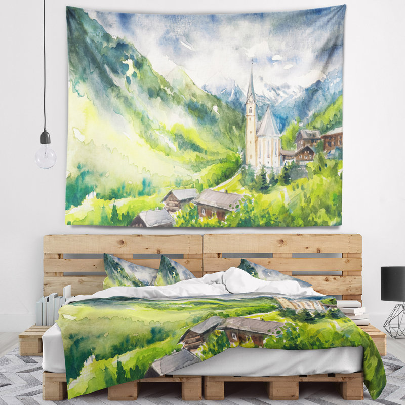 Tapisserie à l'aquarelle paysage, H 32 po x l 39 po
