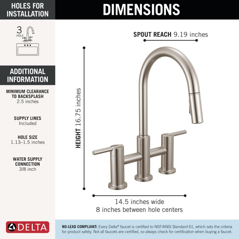 Nicoli Brushed Nickel Kitchen Faucet with Pull Down Sprayer, Bridge Modern Kitchen Sink Faucet, Two-Handle, Stainless Steel