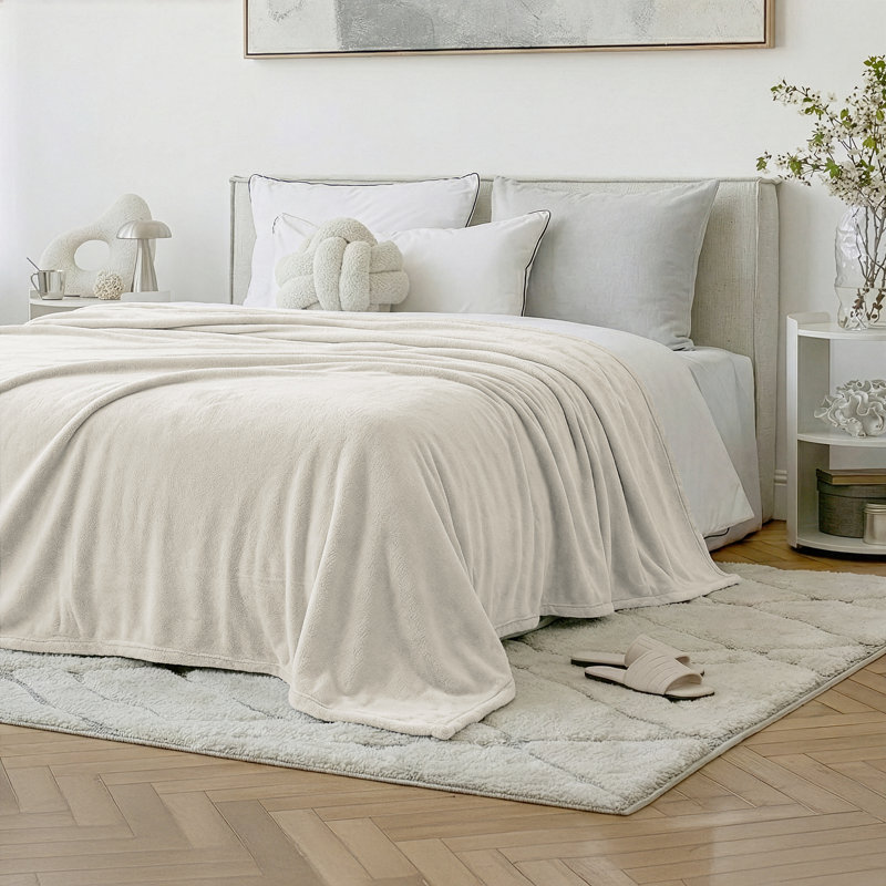Warm & Cozy  Plush Velvet Blanket and Throw - Bedding, King, Ivory