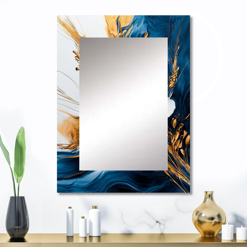 Golden Petunias Flowers On Aqua River Of Marble I - Petunias Decorative Mirror, Traditional Wall Mirror, Printed Metal Art