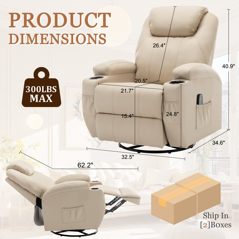 Recliner Chair, Recliner With Heat And Massage, 360°Swivel Rocker Recliners With Cup Holders And Side Pockets, Beige