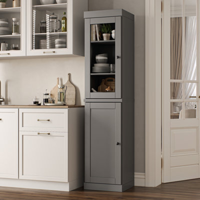 100% Solid Wood Kitchen Pantry Cabinet, Tall Freestanding Modular Storage With Glass & Shaker Doors, Adjustable Shelves, 16.5" W X 71.5" H