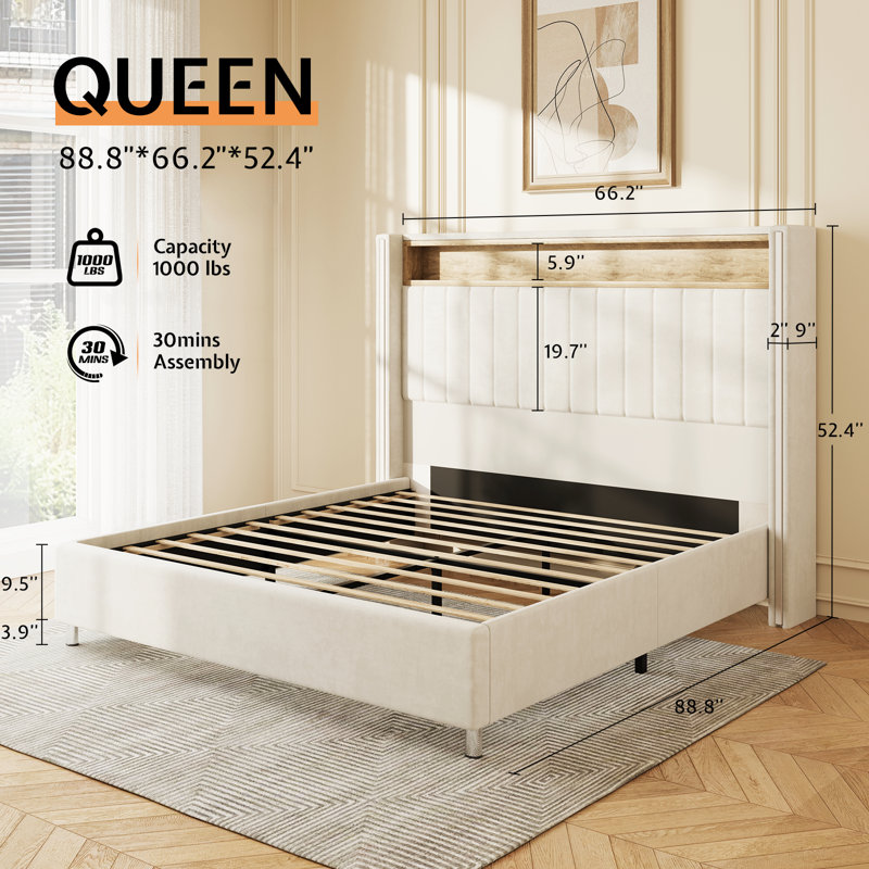 Bed Frame with LED Lights and Charging Station, Tall Headboard and Wingbacks Platform Bed, Cream, Queen