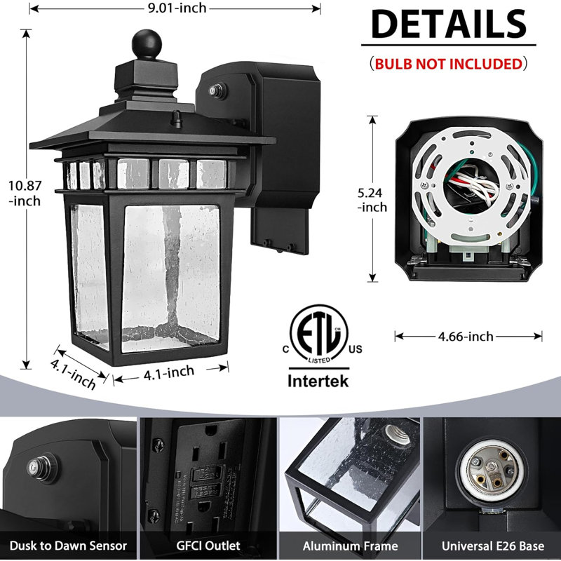 Outdoor Lights Outlet Sensor Outside Exterior Porch Wall Light, Black