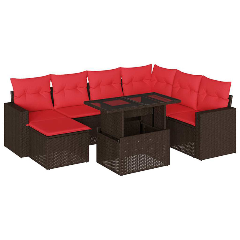 Ensemble de canapé de patio 8 pièces avec coussins en rotin de polyester, Rouge, Brun