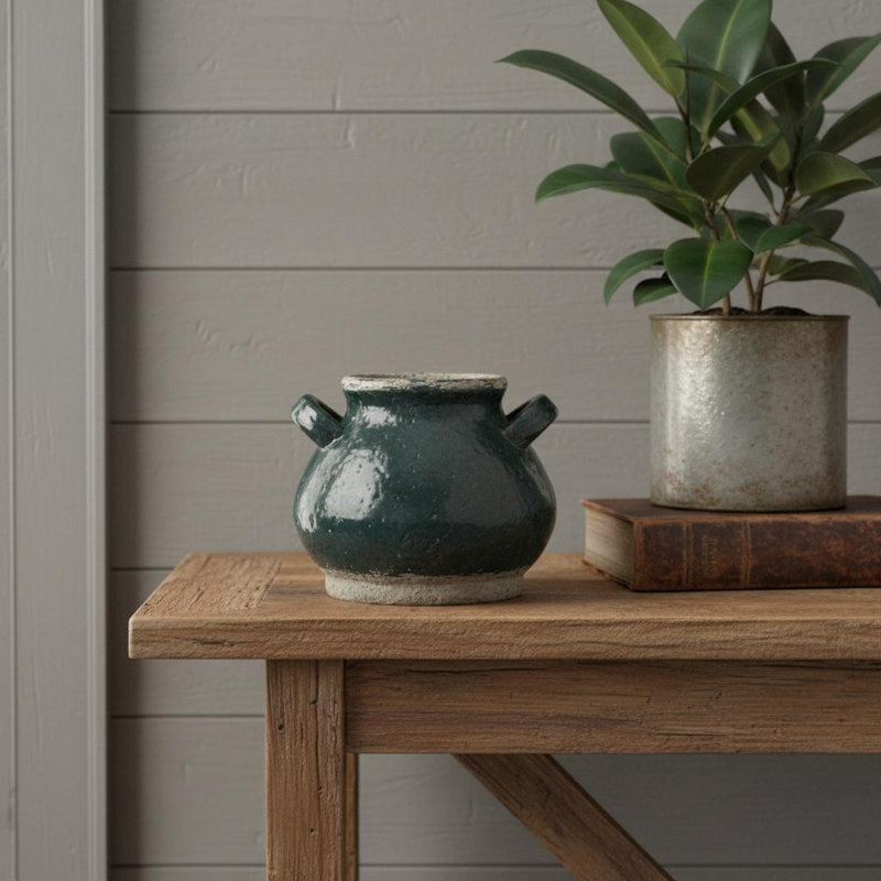 Vase rond en terre cuite 7 "vert foncé et sable