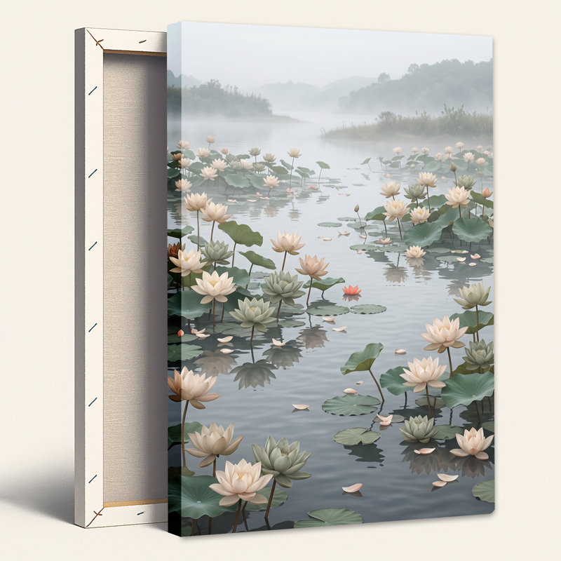 Art sur toile, fleurs de lotus crème et feuilles vertes sur eau brumeuse, 48"H x 32"W
