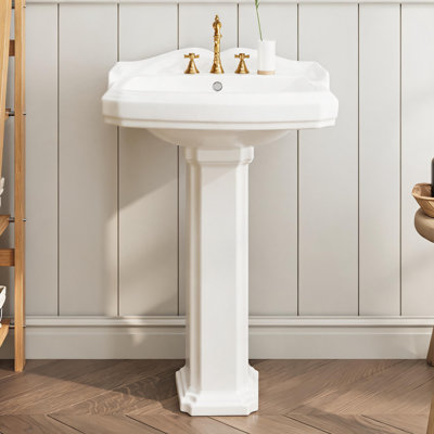 Vasque sur pied Enjyam moderne et compact pour salle de bain – Vasque autoportante en céramique blanche de 58 cm (23 po) avec trop-plein, 3 trous prépercés pour robinetterie de 20 cm (8 po), durable et compacte – Installation avec robinetterie 3 trous de 20 cm (8 po)