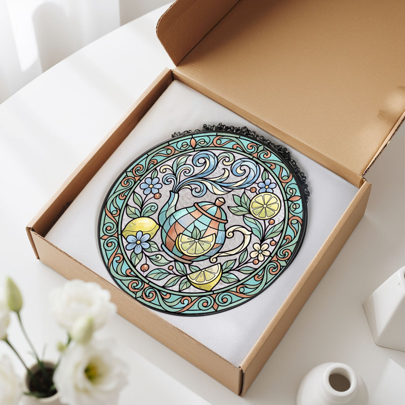 Panneau de vitrail en verre teinté théière ， 7,8H, H 7,8 po