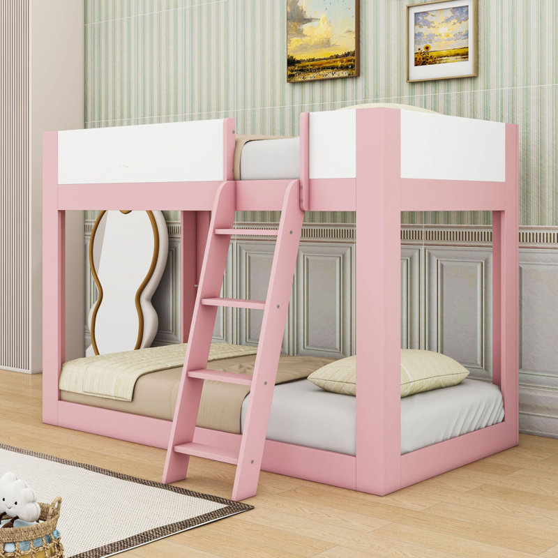 Lit superposé en bois avec échelle réversible et garde-corps, Simple sur simple, Blanc rose