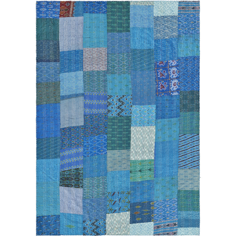 Jeté en mélange de soie Advika fait à la main Kantha, Bleu