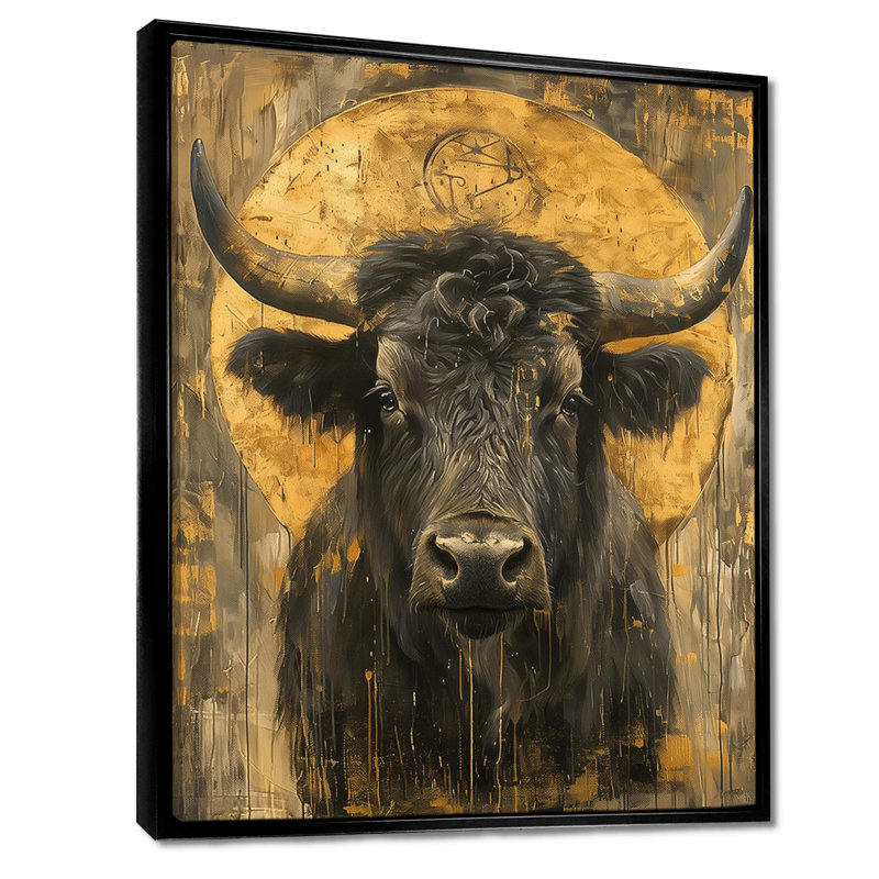 Golden Taurus Zodiac Portrait - Bétail, reproduction d'art murale, Toile avec cadre flottant noir, H 20 po x l 12 po x P 1 po