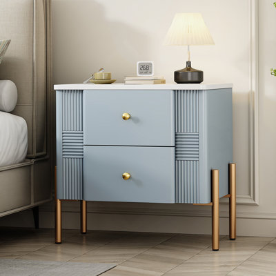 Table de chevet moderne avec 2 tiroirs de rangement, table de chevet cannelée avec poignées et pieds en métal doré, table de bout pour le salon et la chambre à coucher, assemblage facile, bleu