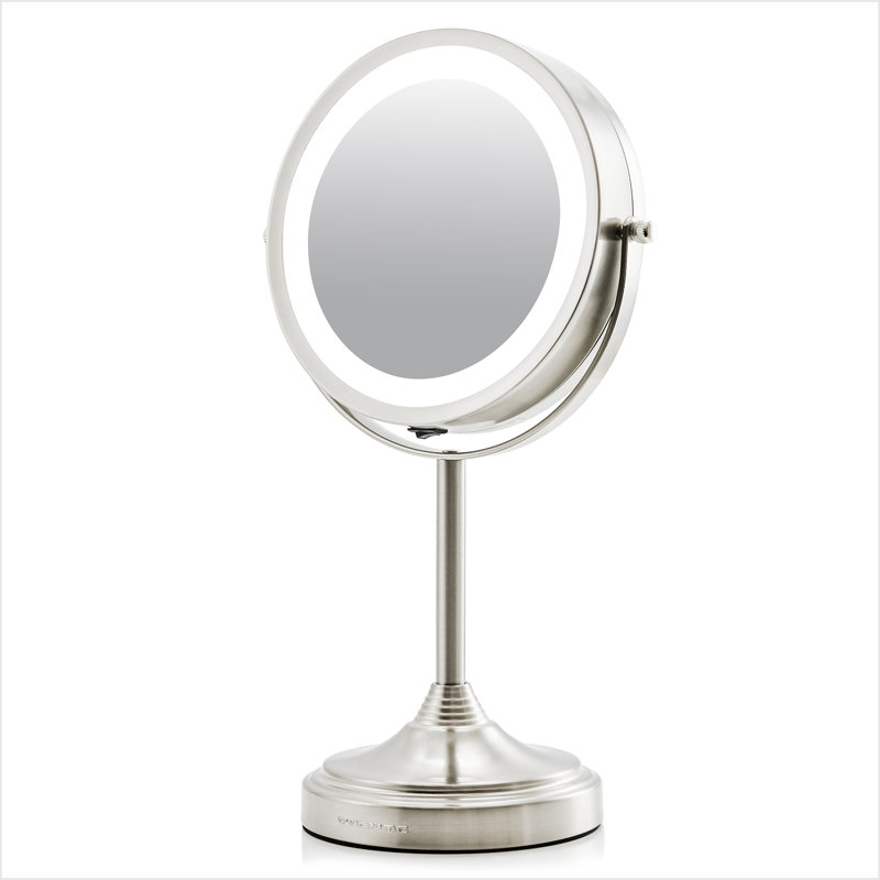 OVENTE 7'' Lighted Makeup Mirror with 1X/7X Magnification, Cordless Tabletop Mount Vanity Mirror with 360° Swivel Design & Double Sided Glow Cosmetic White LED Ring Light, Nickel Brushed MCT70BR1X7X