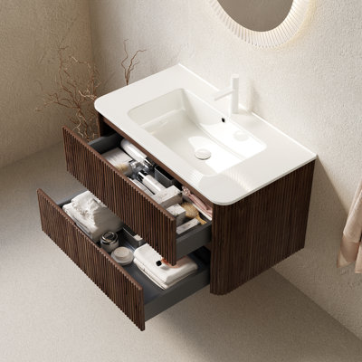 Striped Nature Solid Wood Bathroom Vanity with Sink, Modern Wall-Mounted Floating Plywood Bathroom Cabinet, White Ceramic Basin, Pre-assembled, Retro Walnut
