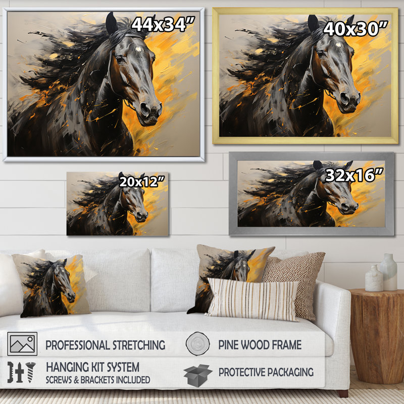 Yellow Black Horse Vibrant Yellow Equine, reproduction d'art sur toile, H 12 po x l 20 po x P 1 po, Cadre flottant noir