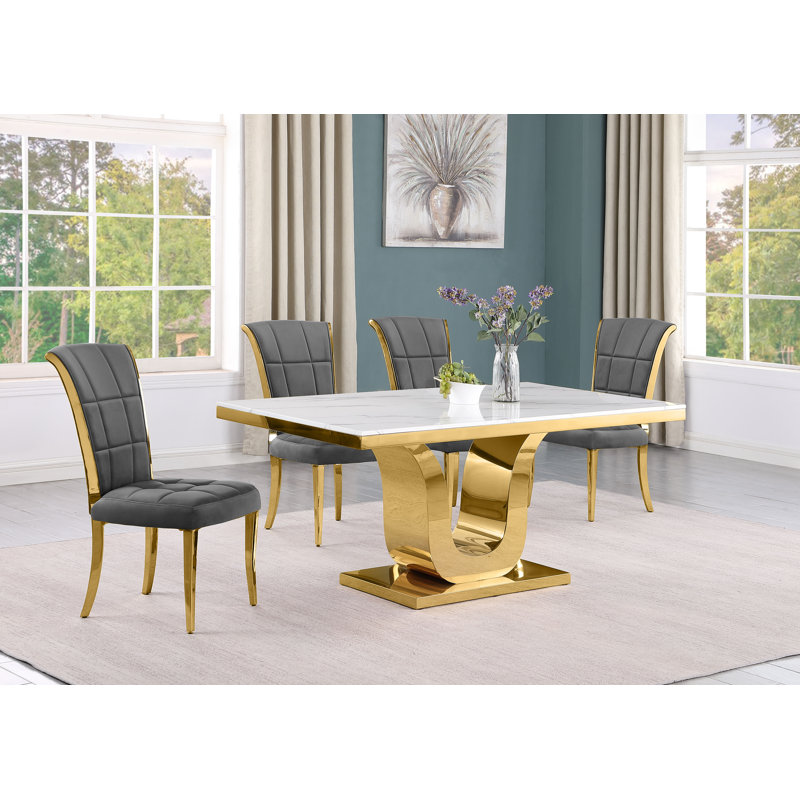 Bardem Marble Top Pedestal Dining Set, 5 Piece, Gray