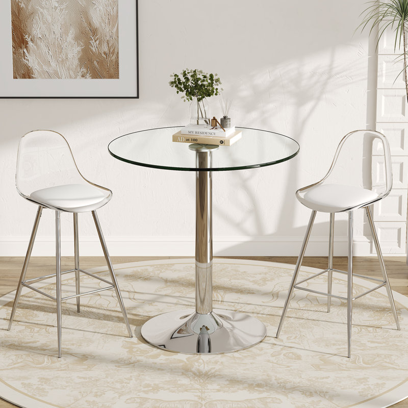 Tempered Glass Round Bar Table Set With Height Bar Stools, 3 Pieces: Table, 2 Chairs