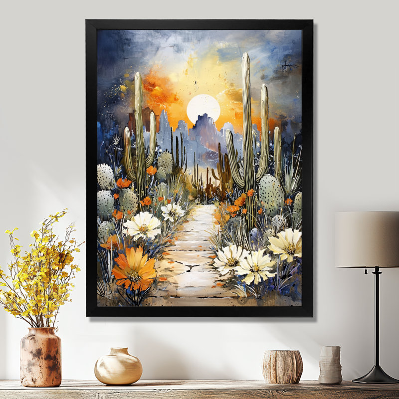 Cactus Forest At Night - Desert Wall Art, 32" H x 16" W, Picture Framed Print, Black