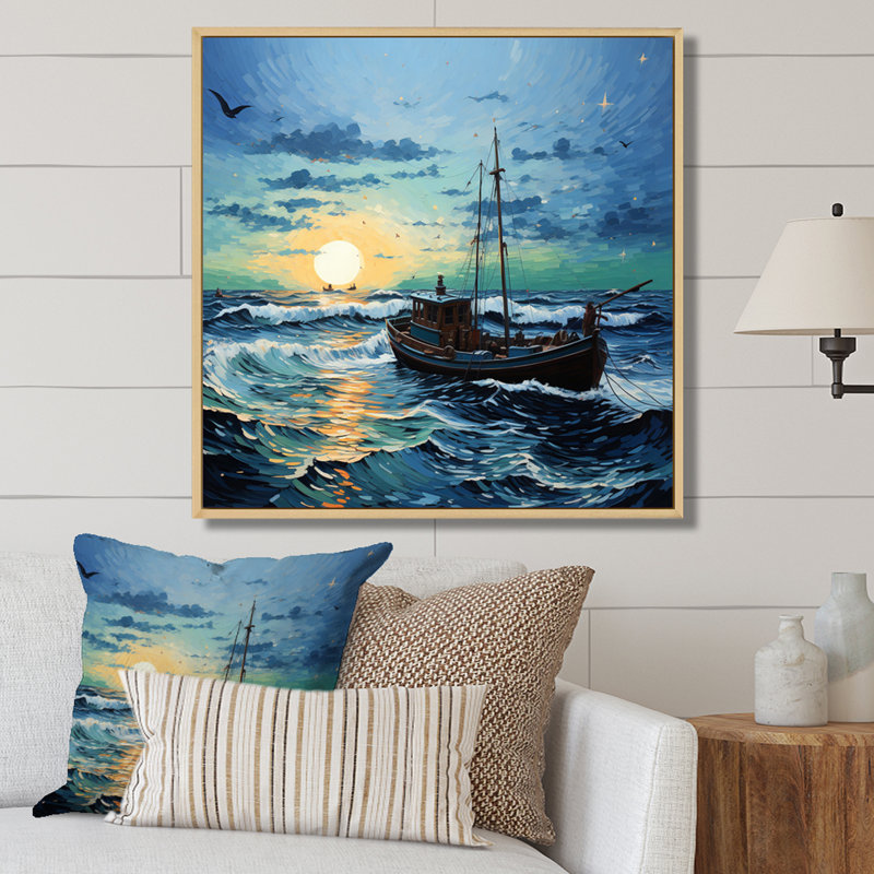 Vangogh paysage marin avec pêche II, Cadre naturel flottant, H 16 po x l 16 po x P 1 po