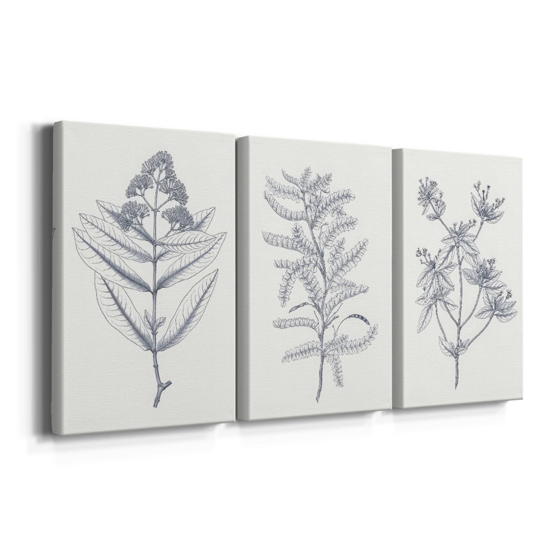 Indigo Botany Study I - Toile tendue avec châssis sur mesure - 3 pièces, H 36 po x l 72 po