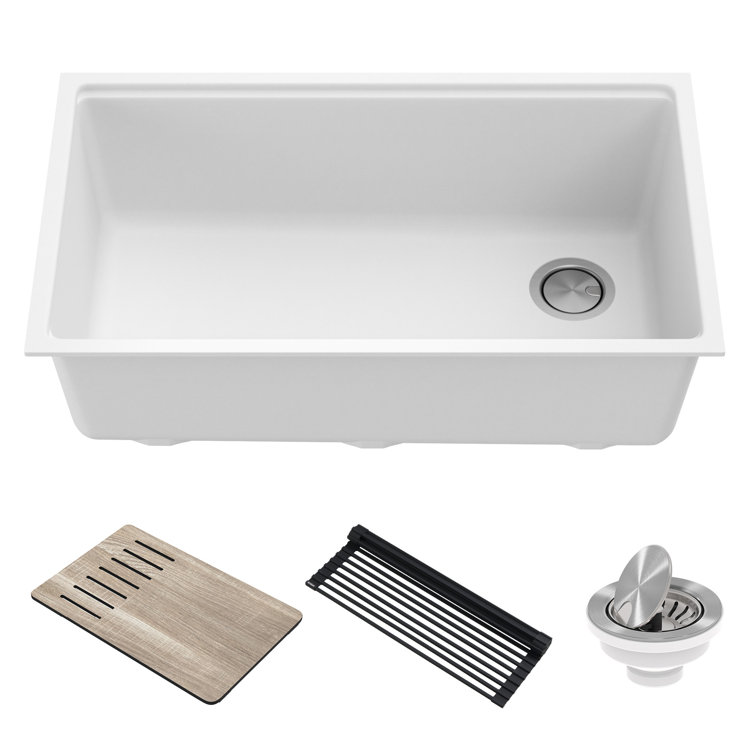 Kraus KGUW1-33WH Kraus Bellucci 32 in. Undermount Quartz Composite Single Bowl Kitchen Sink with Accessories