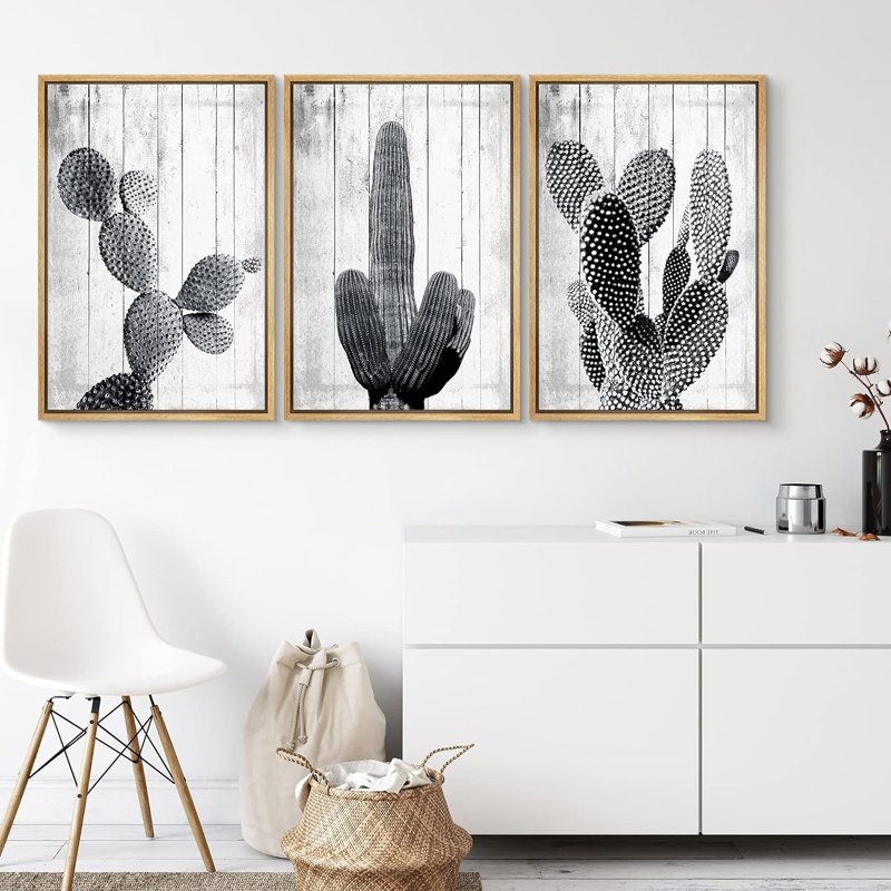 Cactus désert noir et blanc groupes de cactus, impression sur toile, 3 pièces, H 24 po x l 48 po x P 1,5 po, Naturel