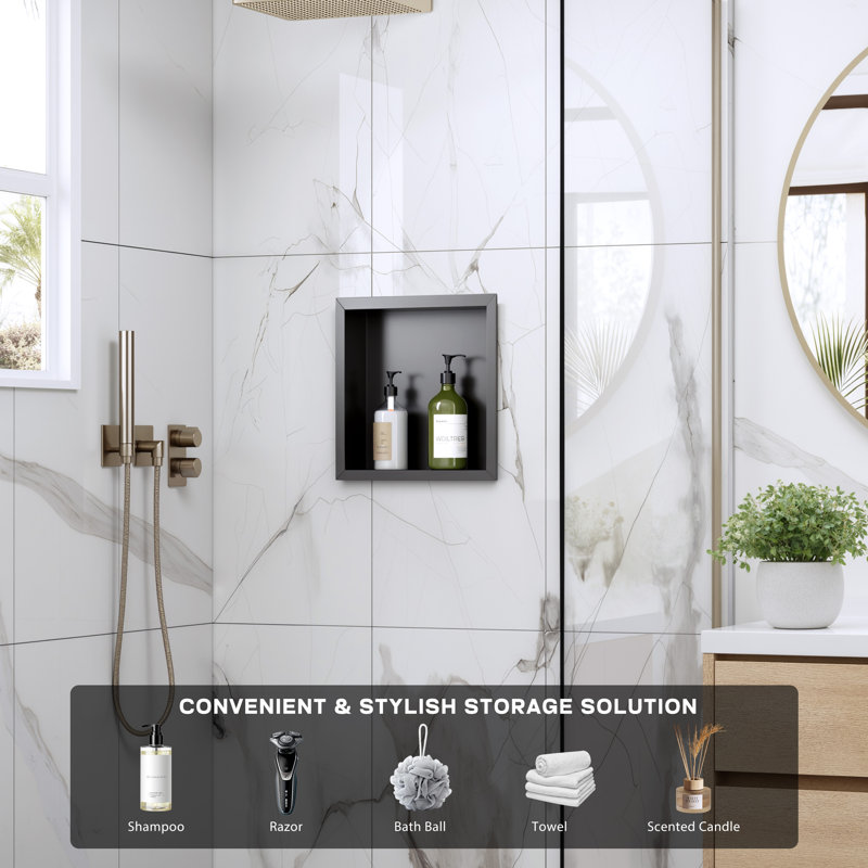 Niche de douche encastrée à 1 niveau avec tablette et l 12 po x H 14 po, niche murale imperméable en acier inoxydable - aucun carreau requis