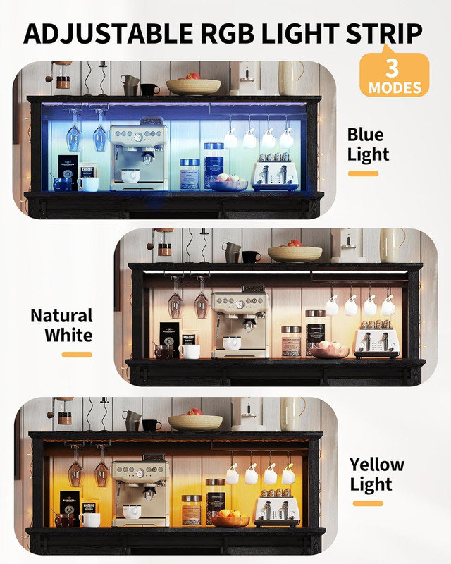 Armoire-bar 55 po avec lumières DEL et prise de courant, porte de grange coulissante et support à vin pour salle à manger 55 po