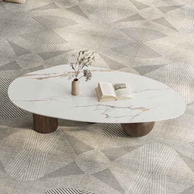 Laylla Modern 54" Coffee Table, White Sintered Stone Table-top, 3 Stainless Steel legs, Free form