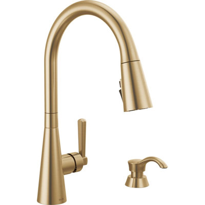 Boyd Brushed Gold Kitchen Faucet with Pull Down Sprayer and Soap Dispenser, Modern Single Hole Kitchen Sink Faucet, Single Handle, Champagne Bronze