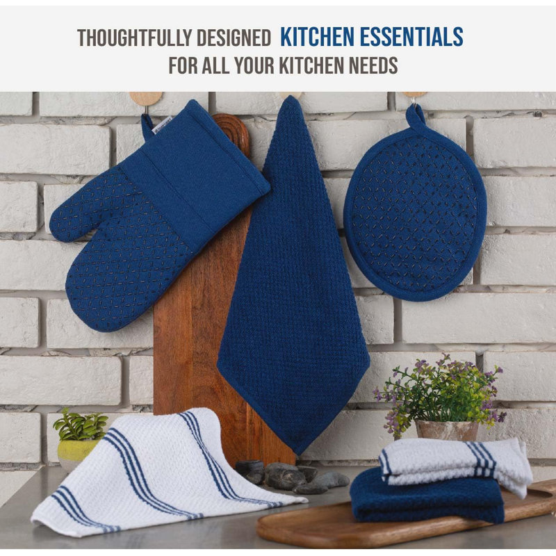 Indigo Cotton Kitchen Towel Set with Silicone Oven Mitts and Pot Holders, 16-Piece