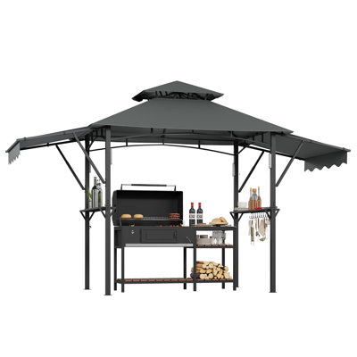 8x5 ft Outdoor Grill Gazebo - Double Tier Roof, Adjustable Dual Side Awnings, 2 Handy Shelves, Hooks, LED Lights, Ceiling Light Hook, Heavy Duty Steel Frame - Patio, Backyard, Garden BBQ Shelter-Grey