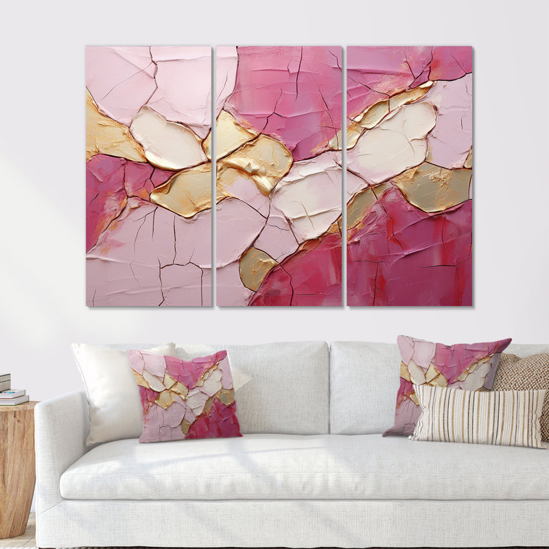 Ensemble de salon art mural or et rose, H 40 po x l 60 po, Toile tendue