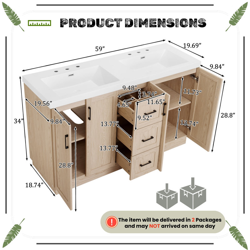 Meuble-lavabo double 59 po avec plateau en résine SMC et tiroirs divisés 59 po