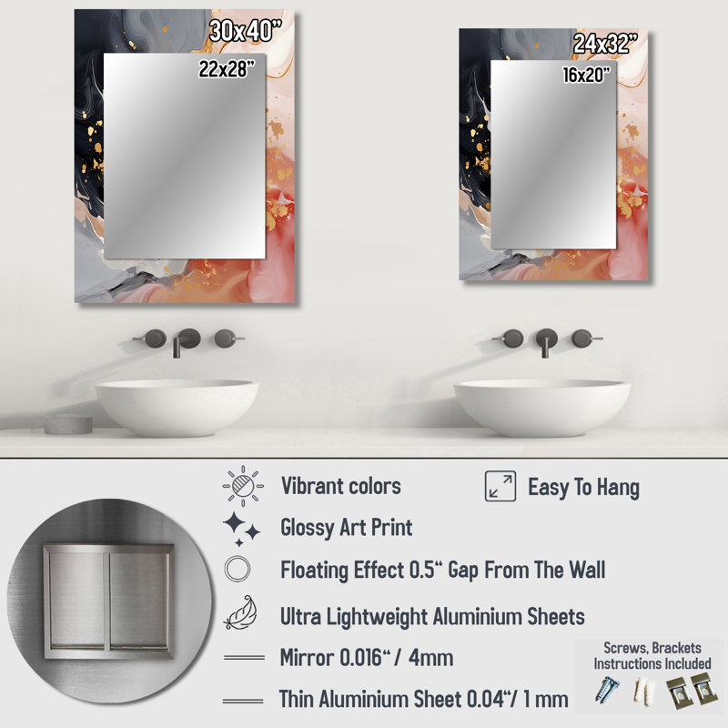Rose harmonie or rose liquide - formes abstraites miroir, miroir mural doré, impression sur métal, 32 po x 24 po