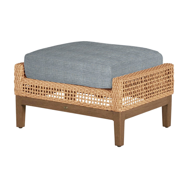 Peninsula Outdoor Ottoman with Cushion, Light Raffia/Natural Sandalwood, Rollo Chambray InsideOut® Linen