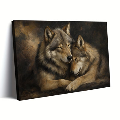 Cuddling Grey Wolves Print Canvas Wall Art Dark Vintage Wildlife Painting Neutral Rustic Animal Artwork for Cabin Living Room Bedroom Decor