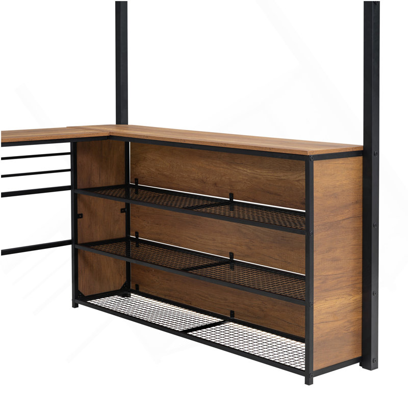 Lit mezzanine double en métal avec 3 couches de tablettes et bureau en L, noir