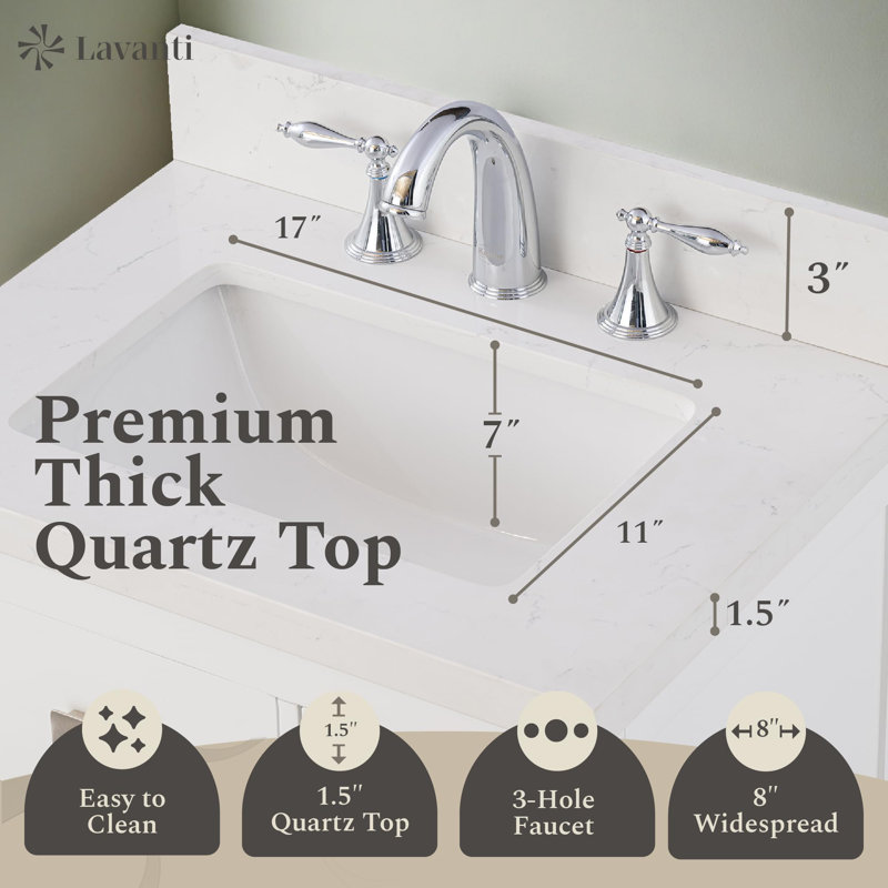  Oakford 24x18 Inch Bathroom Vanity with Sink, White – 100% Premium Solid Wood Vanity Cabinet – 1.5" Thick Quartz Countertop – Water-Resistant Finish – Fully Assembled