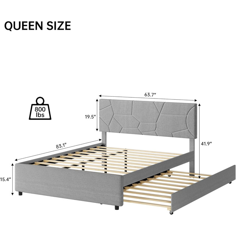 Structure de lit double avec lit gigogne simple, lit plateforme tapissier avec tête de lit, Grand lit