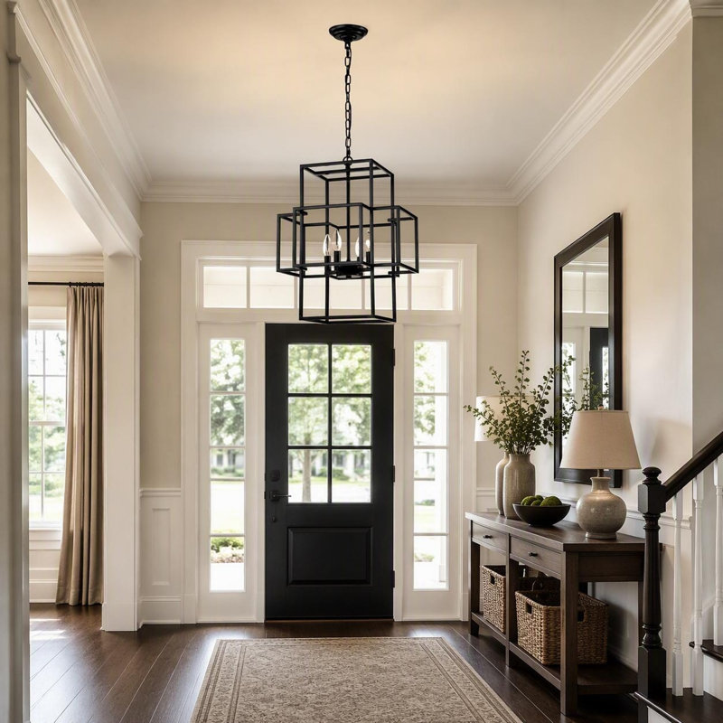 Luminaire suspendu de style campagnard moderne à 4 lumières avec lanterne noire pour hall d'entrée
