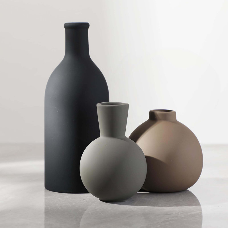 Rustic Farmhouse Ceramic Vase Set Of 3, Black/Gray