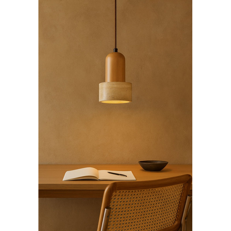 Lustre réglable élégant, structure en bois avec capuchon en travertin, 12 po x 7,5 po | Hauteur réglable de 9,4 à 60,6 pouces | 1 x douille E27 (40 W maximum, ampoule non incluse) | Finition beige et chêne, parfaite pour le salon et la salle à manger